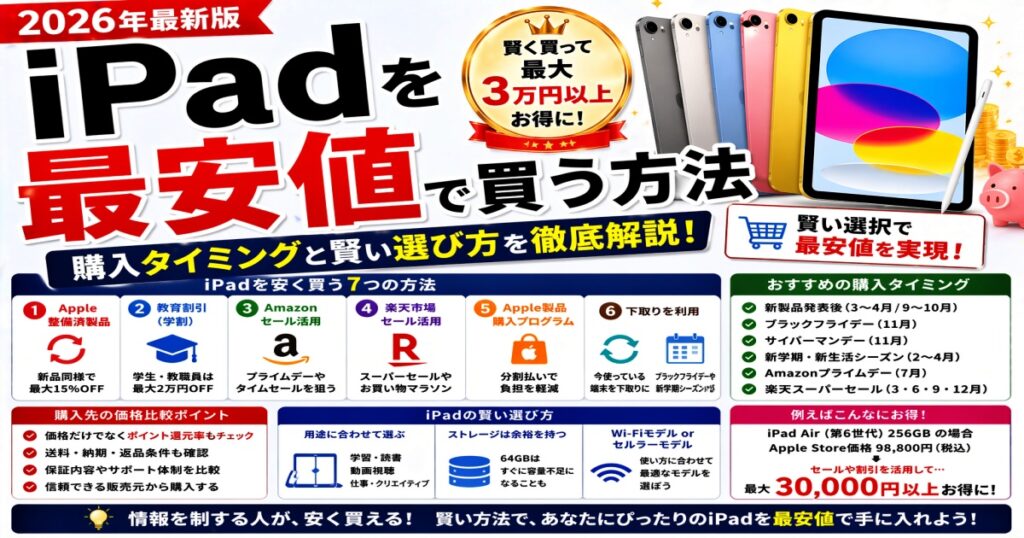 iPadを最安値で買う方法【2026年最新版】購入タイミングと賢い選び方