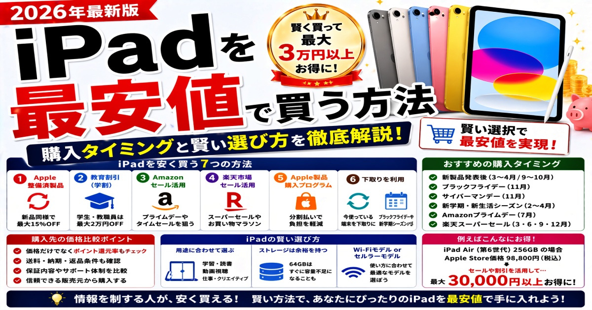 iPadを最安値で買う方法【2026年最新版】購入タイミングと賢い選び方