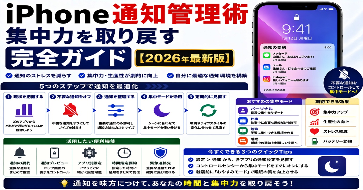 iPhone通知管理術：集中力を取り戻す完全ガイド【2026年最新版】